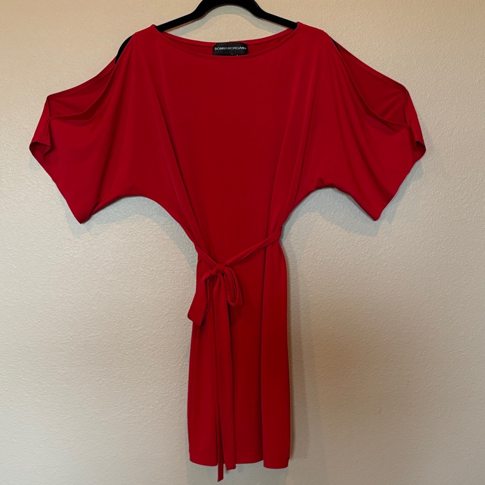 Donna Morgan Vibrant Belted Cold Shoulder Red Dress Festive Party Sophisticated